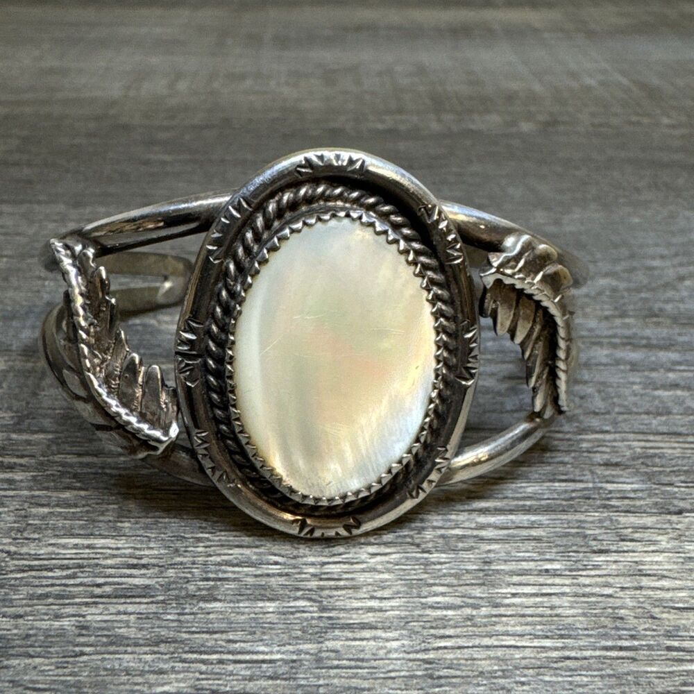 Mother of Pearl Silver Cuff Bracelet - White Shell Inlay